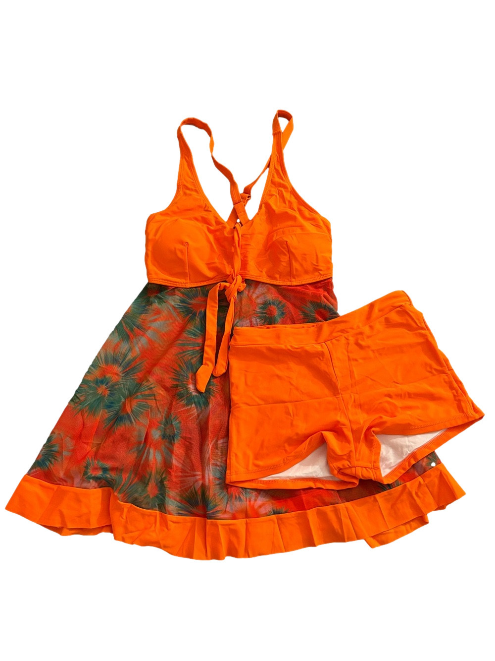 Orange Floral Mesh Tankini Swim Dress with Boyshorts Size Small